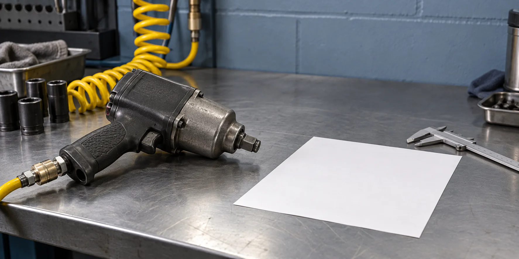 An unbranded pneumatic impact wrench beside a blank paper sheet and measuring caliper on a workshop bench.