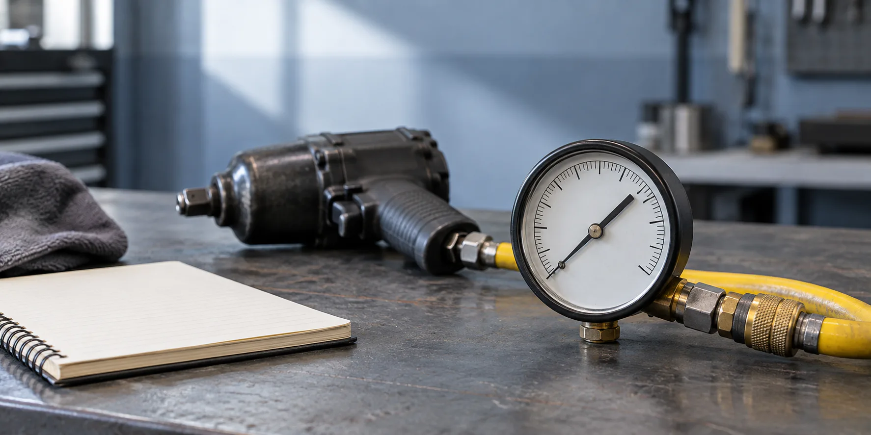 An unbranded air-pressure gauge connected to a hose beside a pneumatic impact wrench on a workshop bench.