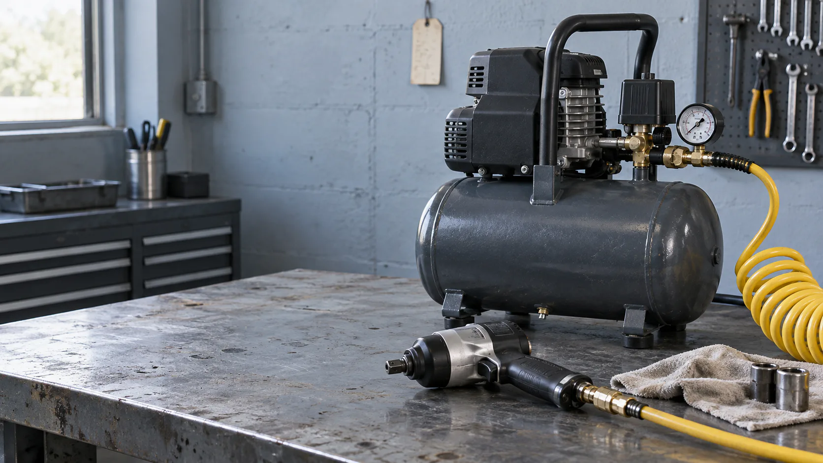 Unbranded portable compressor and impact wrench on a workshop bench.